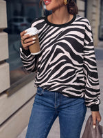Zebra Print Round Neck Casual Sweatshirt