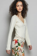 POL V-Neck Long Sleeve Ribbed Top with Lace-Accent Neckband