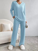 Ribbed Knit V-Neck Top and Pants Set