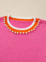 Contrast Crew Neck Pearled Decor Drop Shoulder Knit Sweater