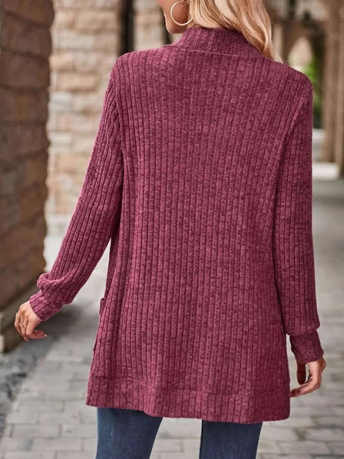 Ribbed Knit Open Front Cardigan with Pockets
