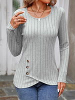 Decorative Button Round Neck Long Sleeve T-Shirt