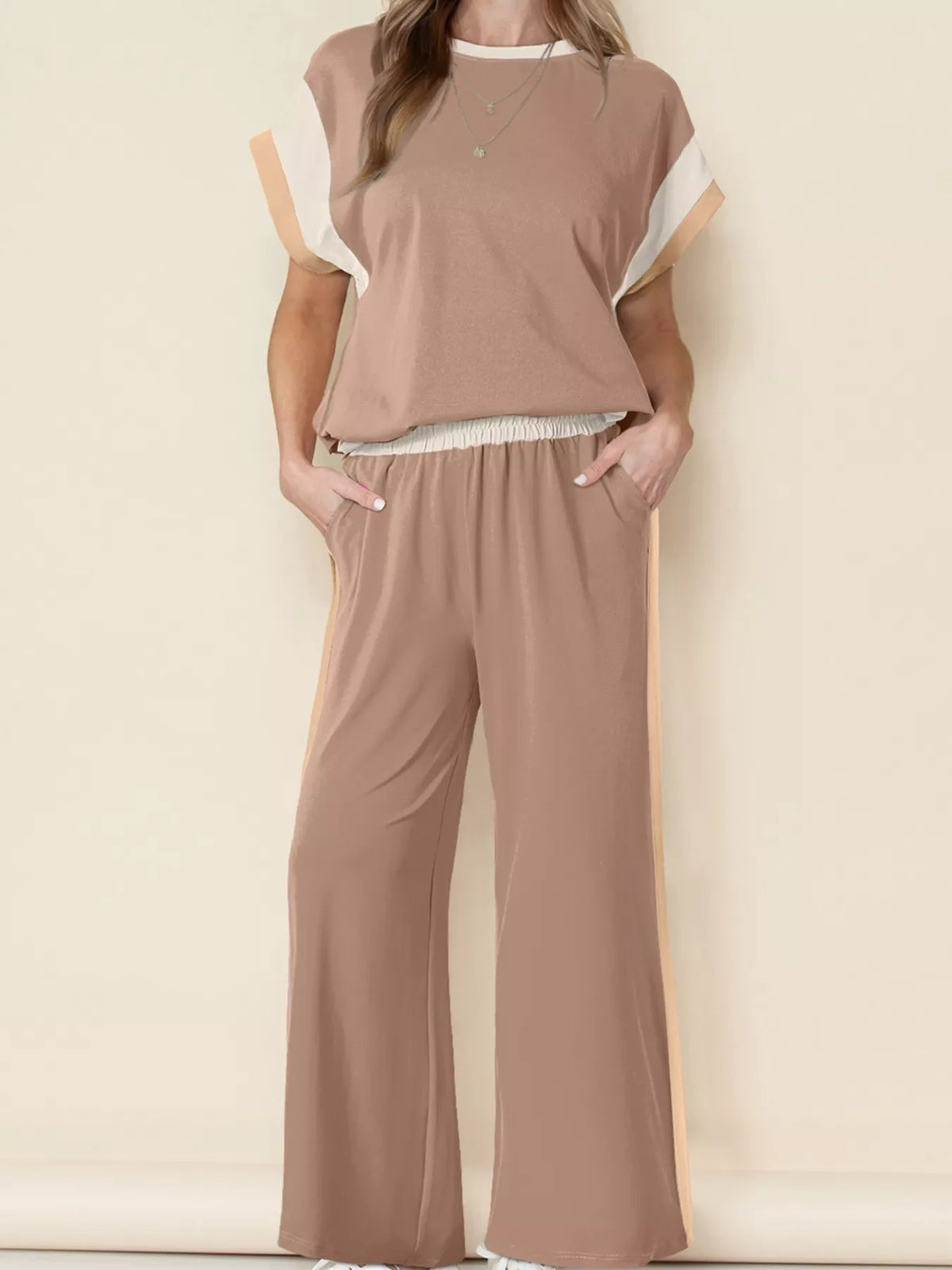 Color Block Detail Casual Two-piece Set
