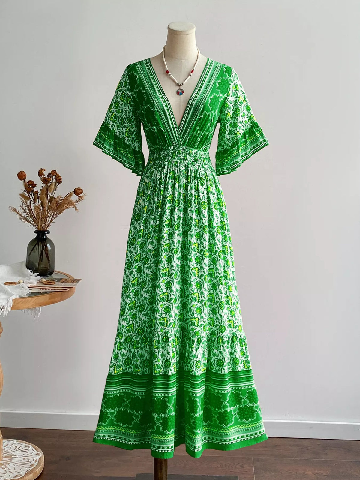 Floral Deep V-Neck Flutter Sleeves Dress