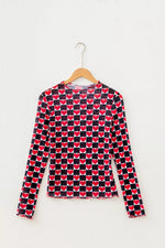 Plaid Heart Mesh Sheer Long Sleeve High Neck Top