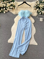 Feather Trim Strapless Wide Leg Jumpsuit