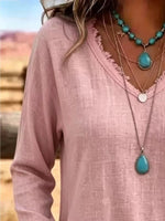 V-Neck Long Sleeve Blouse with Frayed Hem Detail