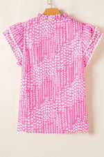 Abstract Print Ric Rac Trim Flutter Sleeve Notched Blouse