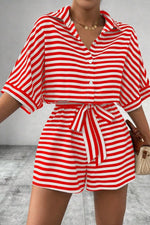 Striped Collared Neck Tie Waist Romper
