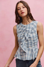 SO ME Plaid Sleeveless Ruffle Peplum Top