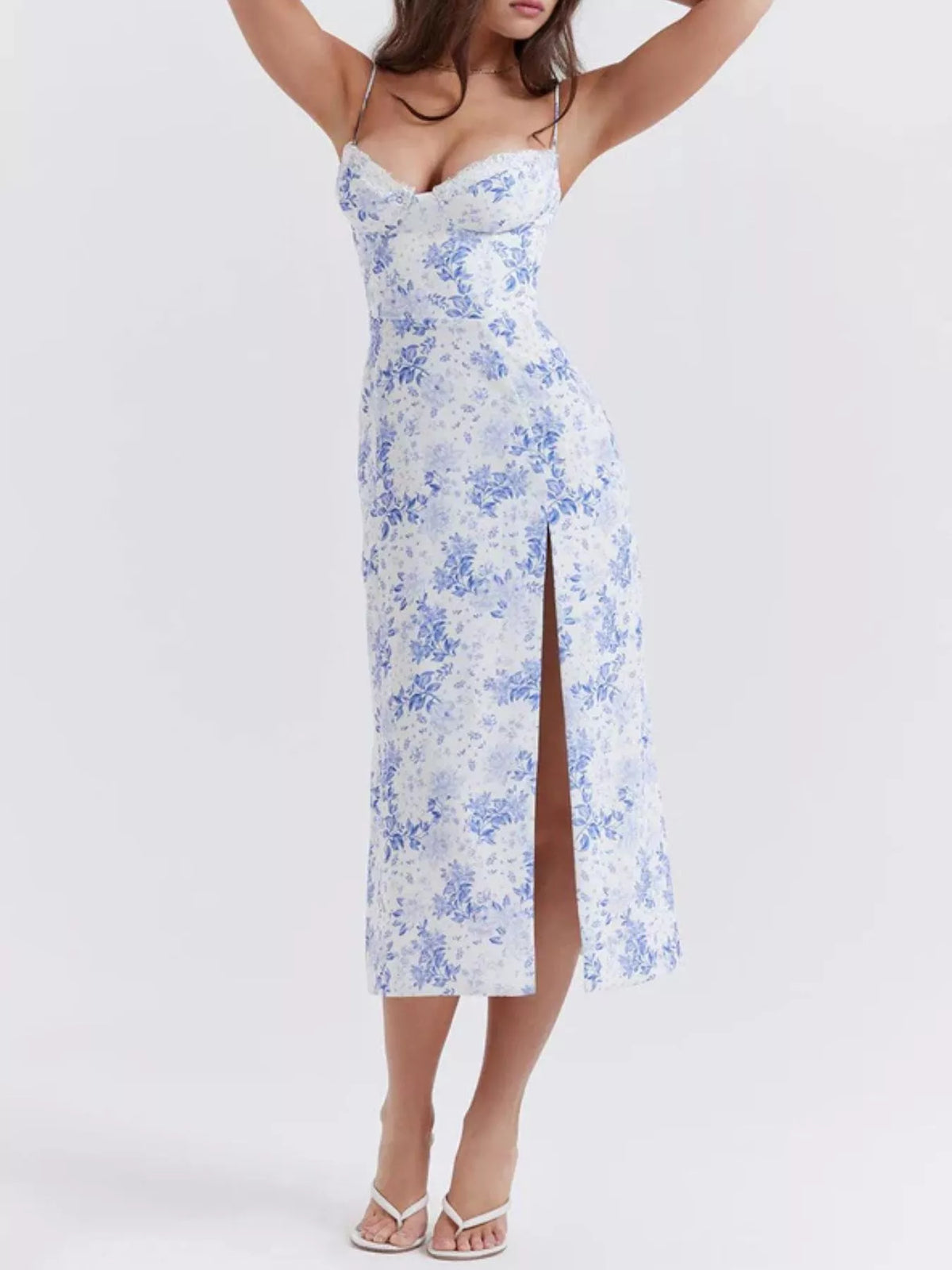 Floral Print Lace Trim Slit Midi Dress