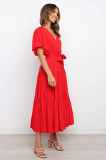 Front Tie Short Sleeve Tiered Midi Dress