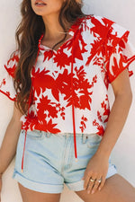 Plant Print Tiered Ruffled Sleeve Tie Neck Blouse