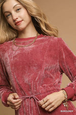 Umgee Velour Drawstring Mini Dress with Long Sleeves