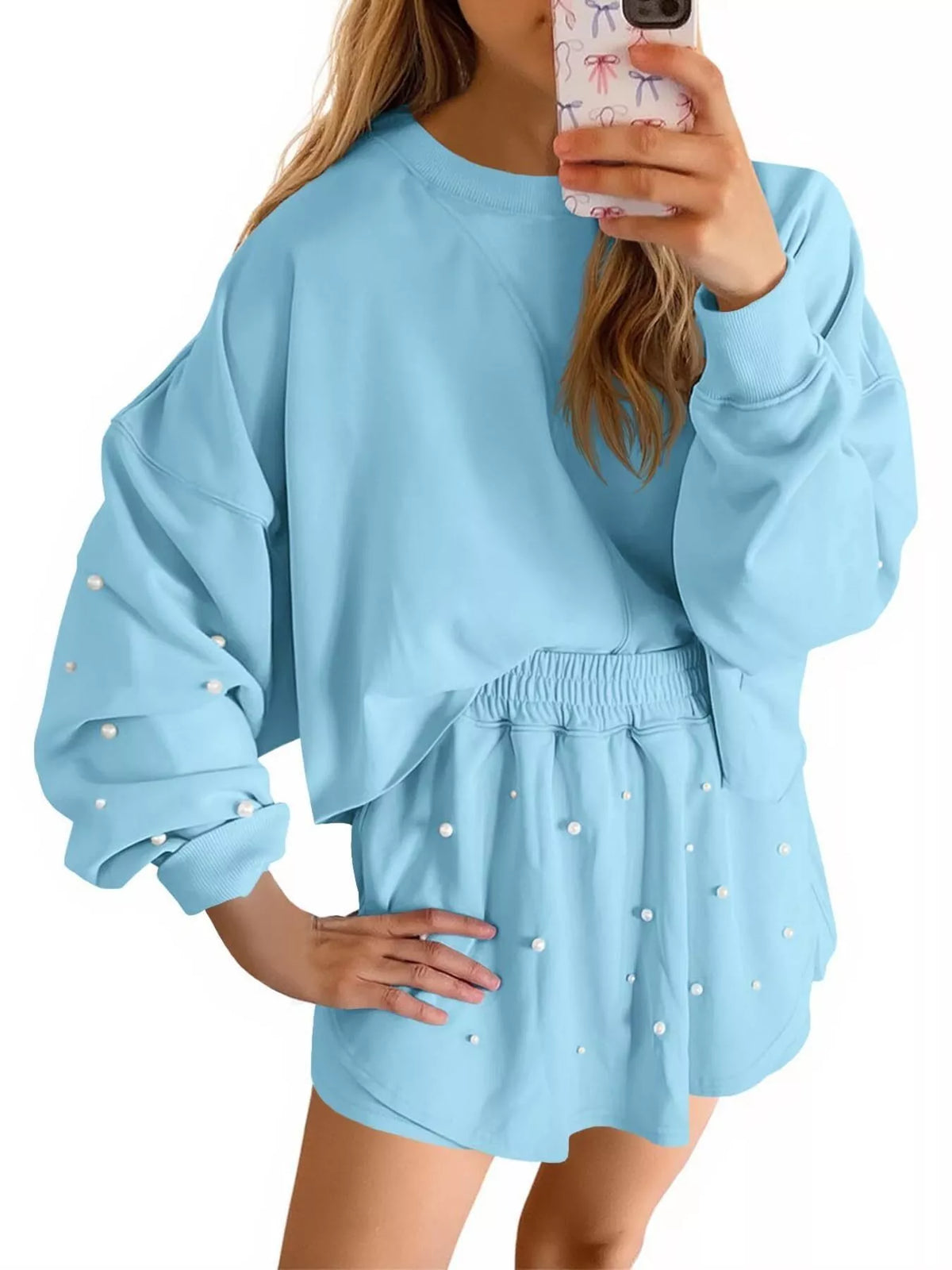Pearl Embellished Round Neck Top and Skort Set