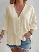 Full Size Casual V-Neck Button Down Relaxed Fit Blouse Plus Size