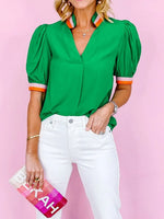 Carrot Colorful Trim V Neck Short Sleeve Blouse