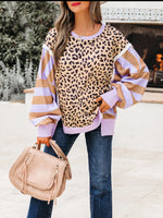 Stripe Color Block Patchwork Leopard Casual Sweatshirt with Slits