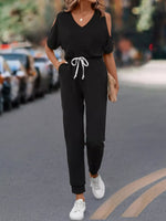 Cold Shoulder V-Neck Drawstring Waist Jumpsuit