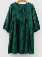 Embroidered Eyelet Pattern 3/4 Puffy Sleeve Swing Mini Dress