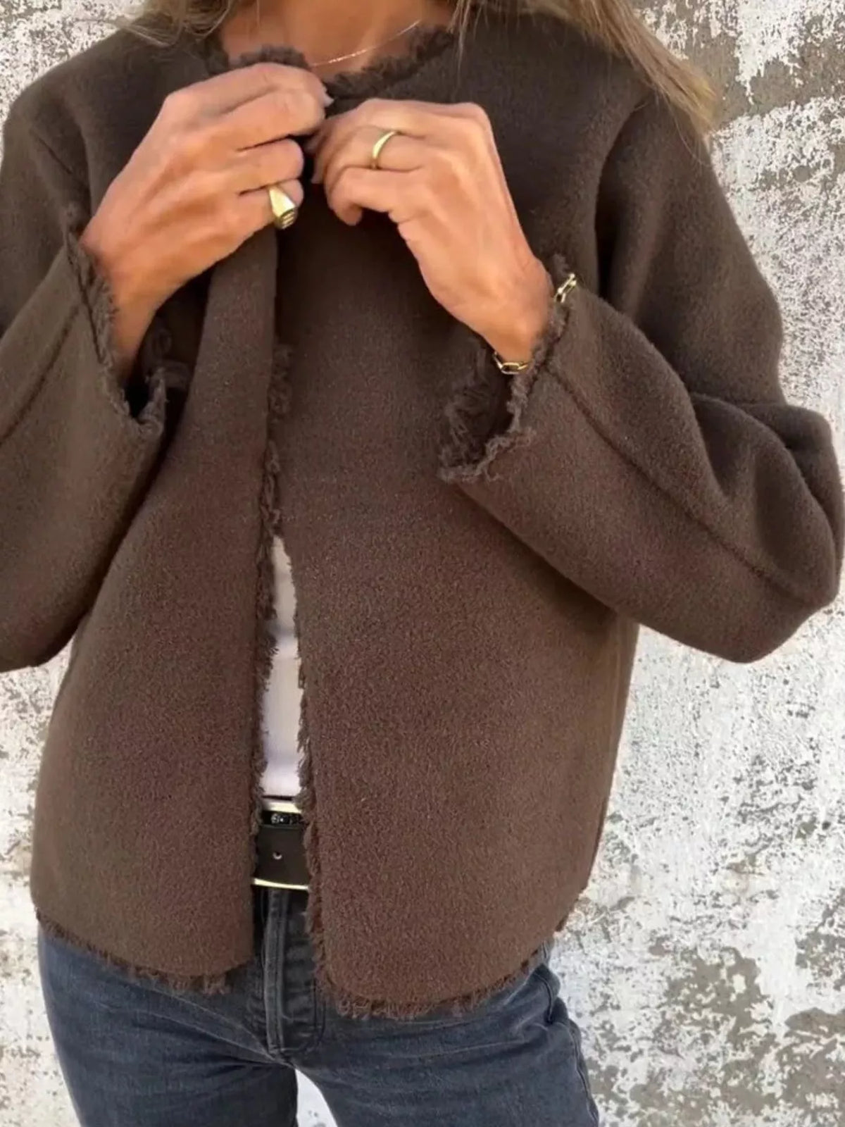 Full Size One Button Frayed Edge Cardigan Plus Size