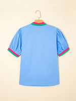 Contrast Trim Notched Short Sleeve Blouse