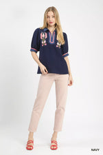 Umgee Embroidered Puff Sleeve Contrast Trim Top