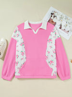 Plus Size Contrast Polo Collar Floral Patchwork Elastic Cuffs Long Sleeve Top
