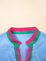 Contrast Trim Notched Short Sleeve Blouse