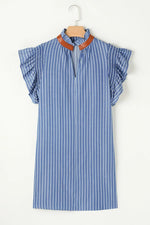 Stripe Frilly Split Neck Shirred Ruffle Sleeve Short Shift Dress