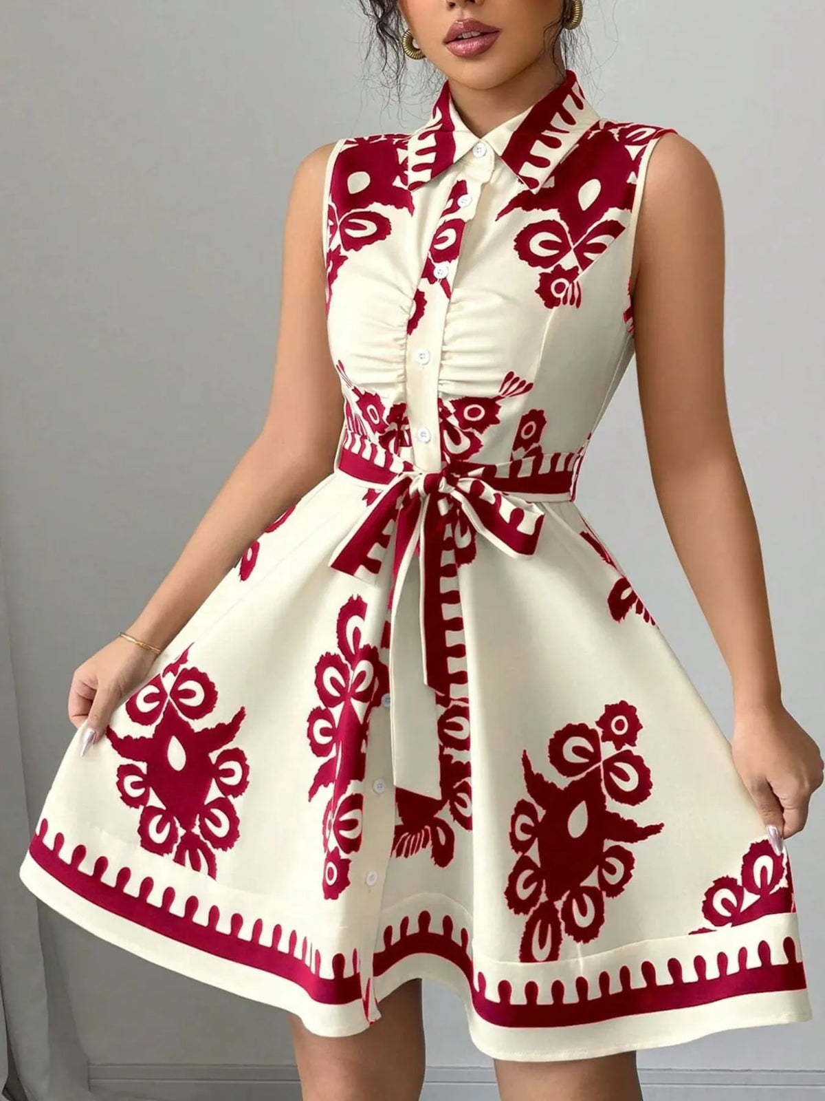 Printed Sleeveless Tie Waist Mini Dress