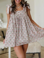 Printed Square Neck Tie Shoulder Mini Dress