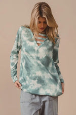 BiBi Variegated Tie Dye Rib V-Neck Top with Strapped