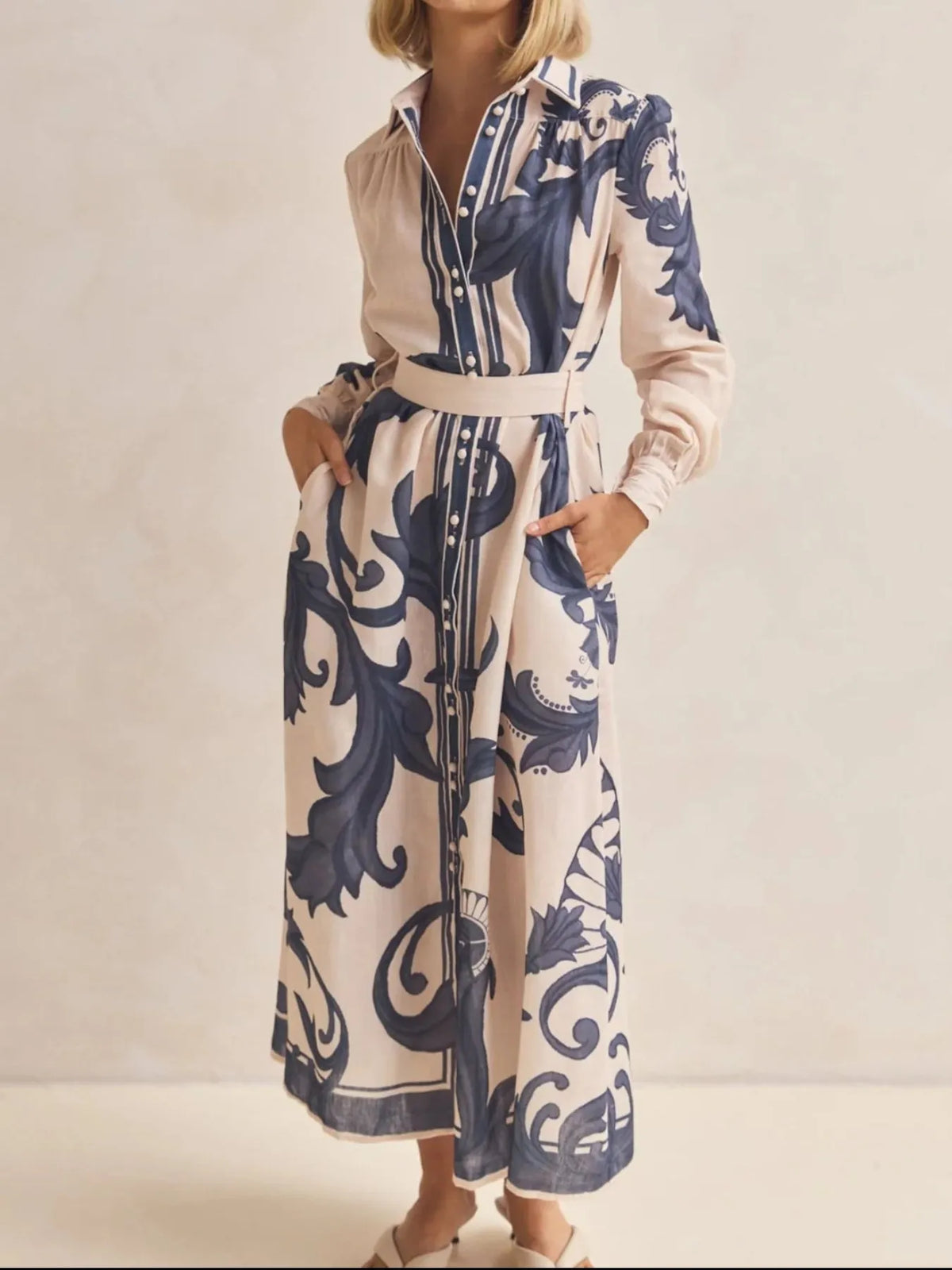 Printed Button Down Belted Shirt Dress