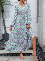 Printed V-Neck Long Sleeve Dress