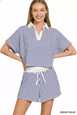 Zenana Striped Collared Top & Shorts Set