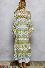 POL Scalloped Edge Open Front Crochet Cardigan with Colorful Stripe Pattern