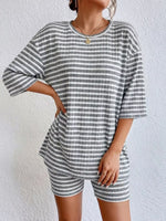 Striped Round Neck Top and Shorts Set