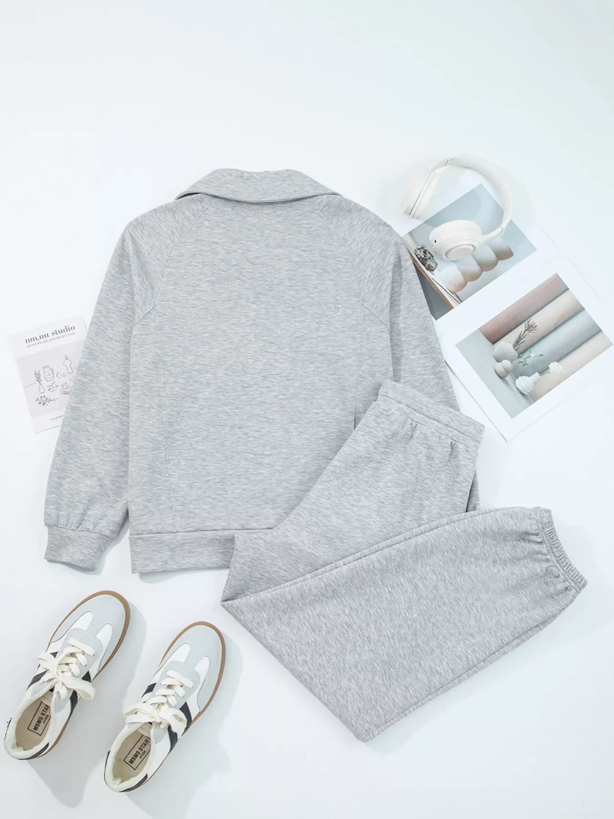 Zip Collar Long Sleeve Top and Drawstring Pants Set