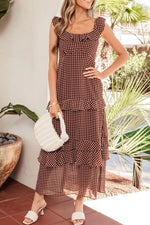 Polka Dot Print Backless Ruffled Tiered Maxi Dress