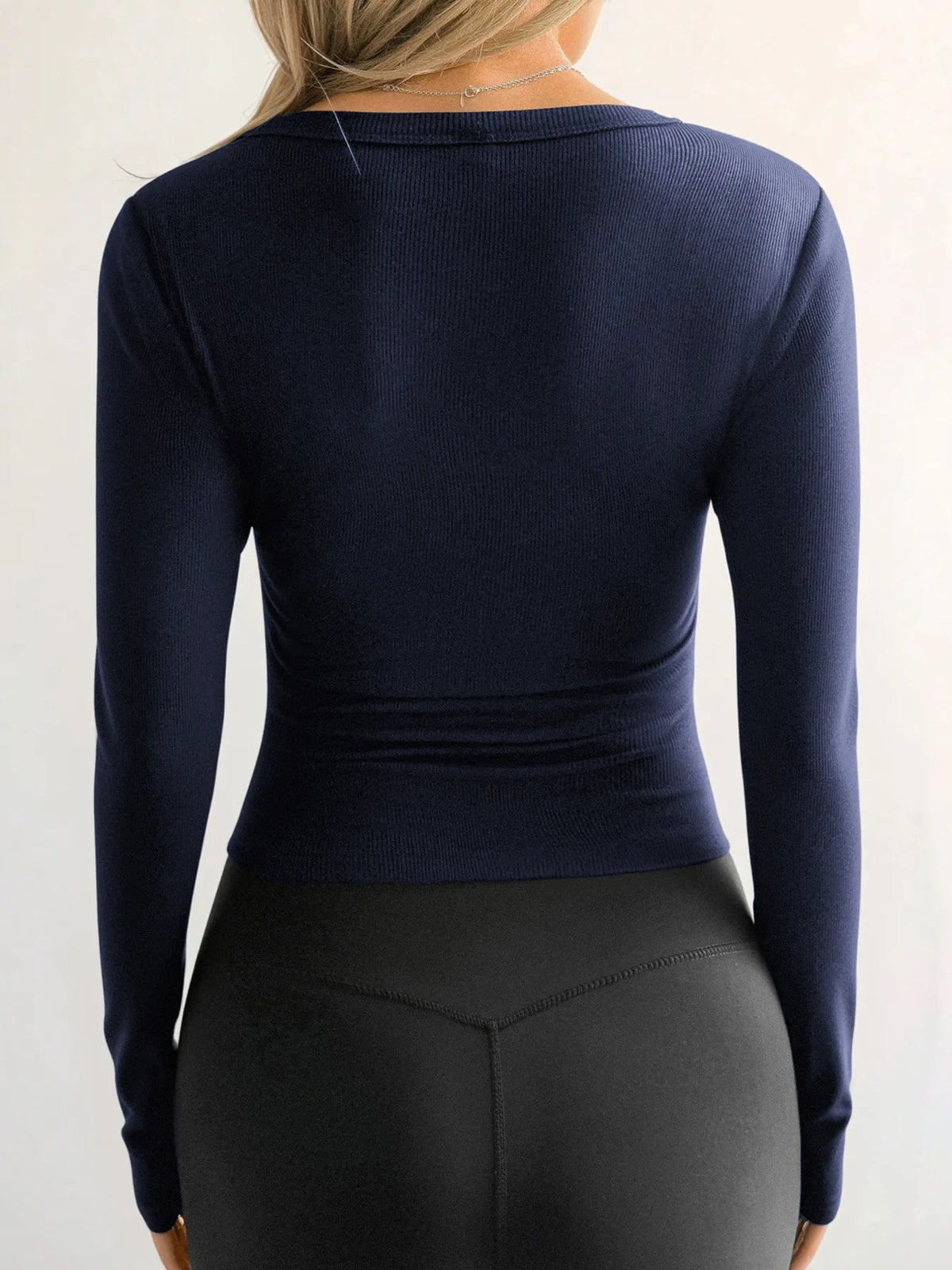 Ribbed V-Neck Long Sleeve T-Shirt