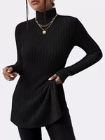 Plus Size Slit Ribbed Turtleneck Long Sleeve T-Shirt