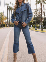 intage Wash Denim Ruffle Detail Button Down Shirt