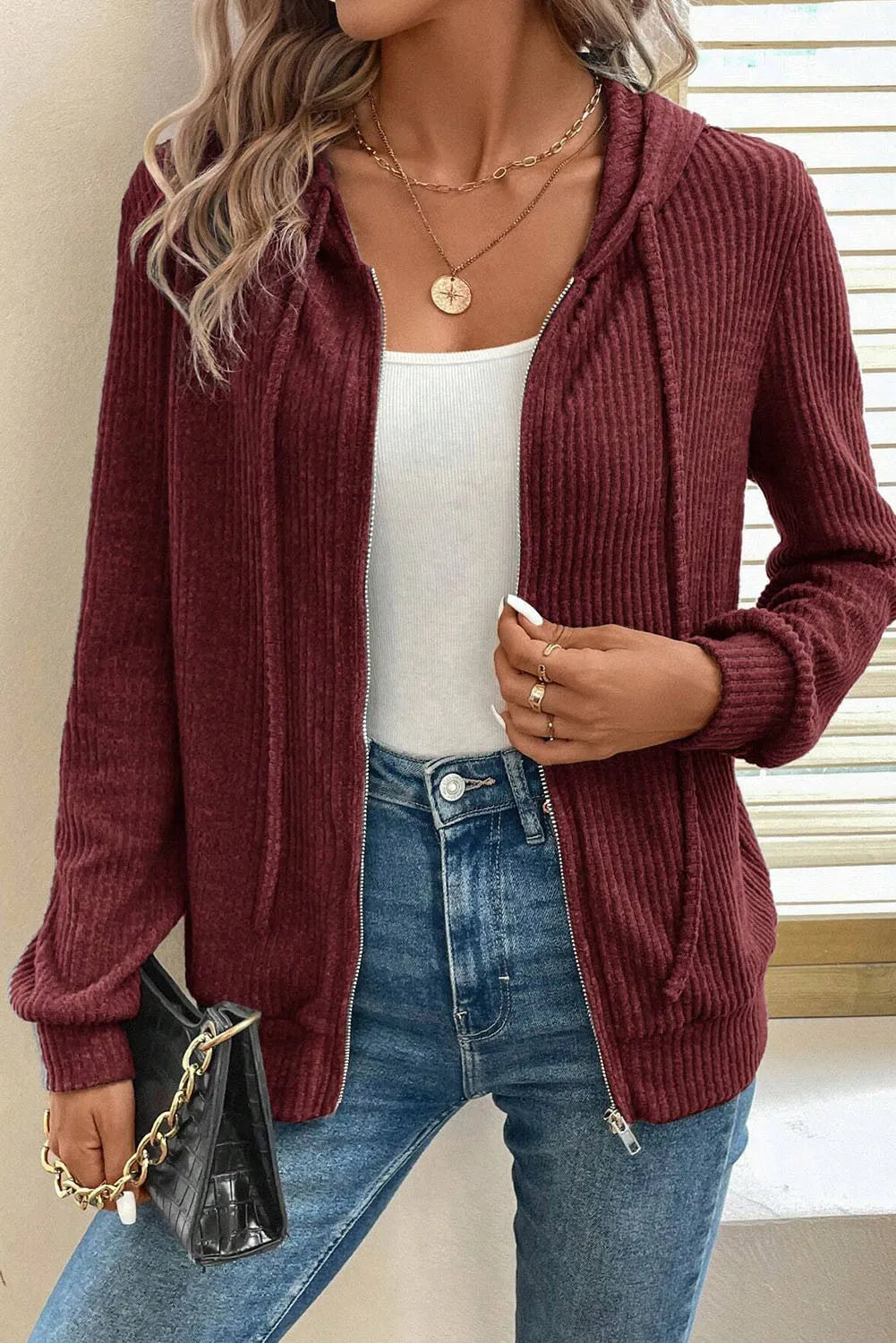 Drawstring Zip Up LongSleeve Hooded Jacket