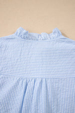 Stripe Floral Embroidered Puff Sleeve Ruffle Trim Shirt
