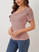 Lace Scalloped V-Neck Eyelet T-Shirt