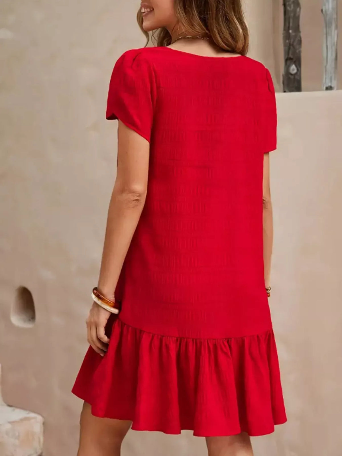 V-Neck Ruffle Hem Textured Mini Dress