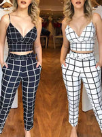 Grid Print Crop Top and Pants Set