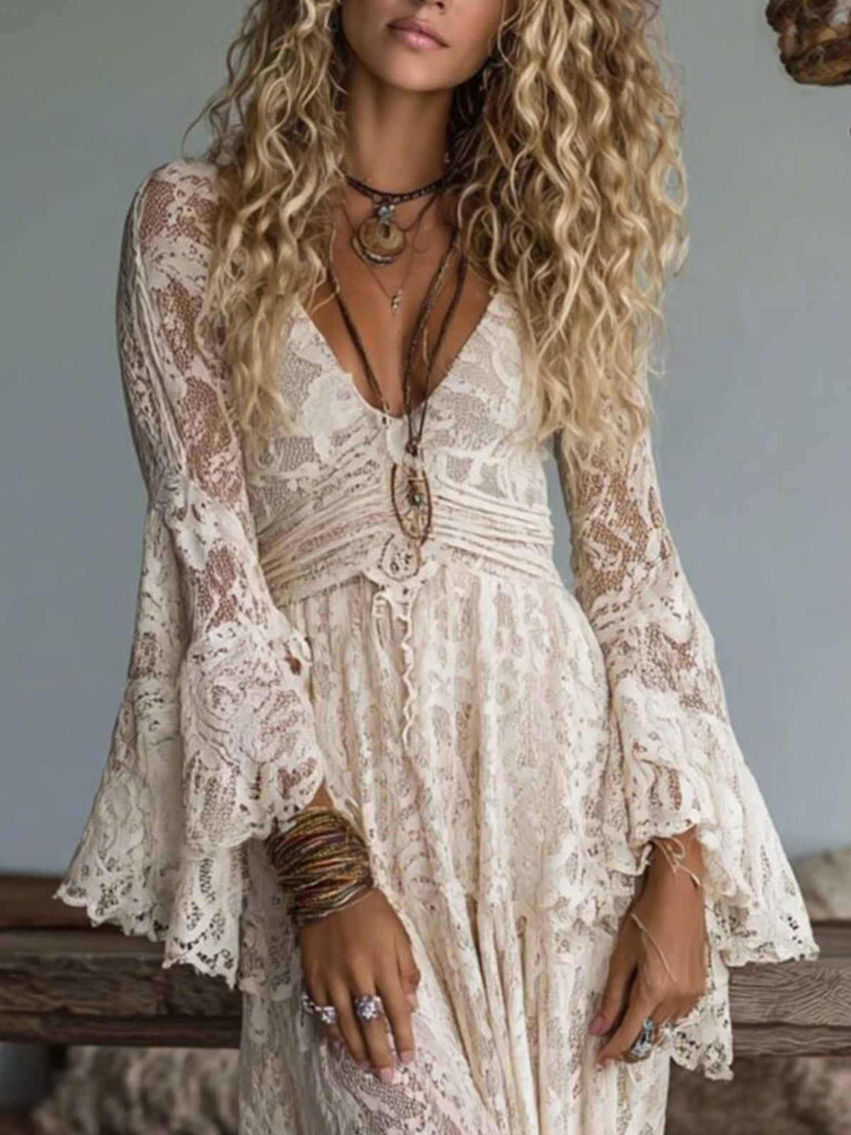 Lace Deep V-Neck Maxi Dress