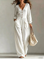 V-Neck Long Sleeve Button-Down Wide Leg Jumpsuit